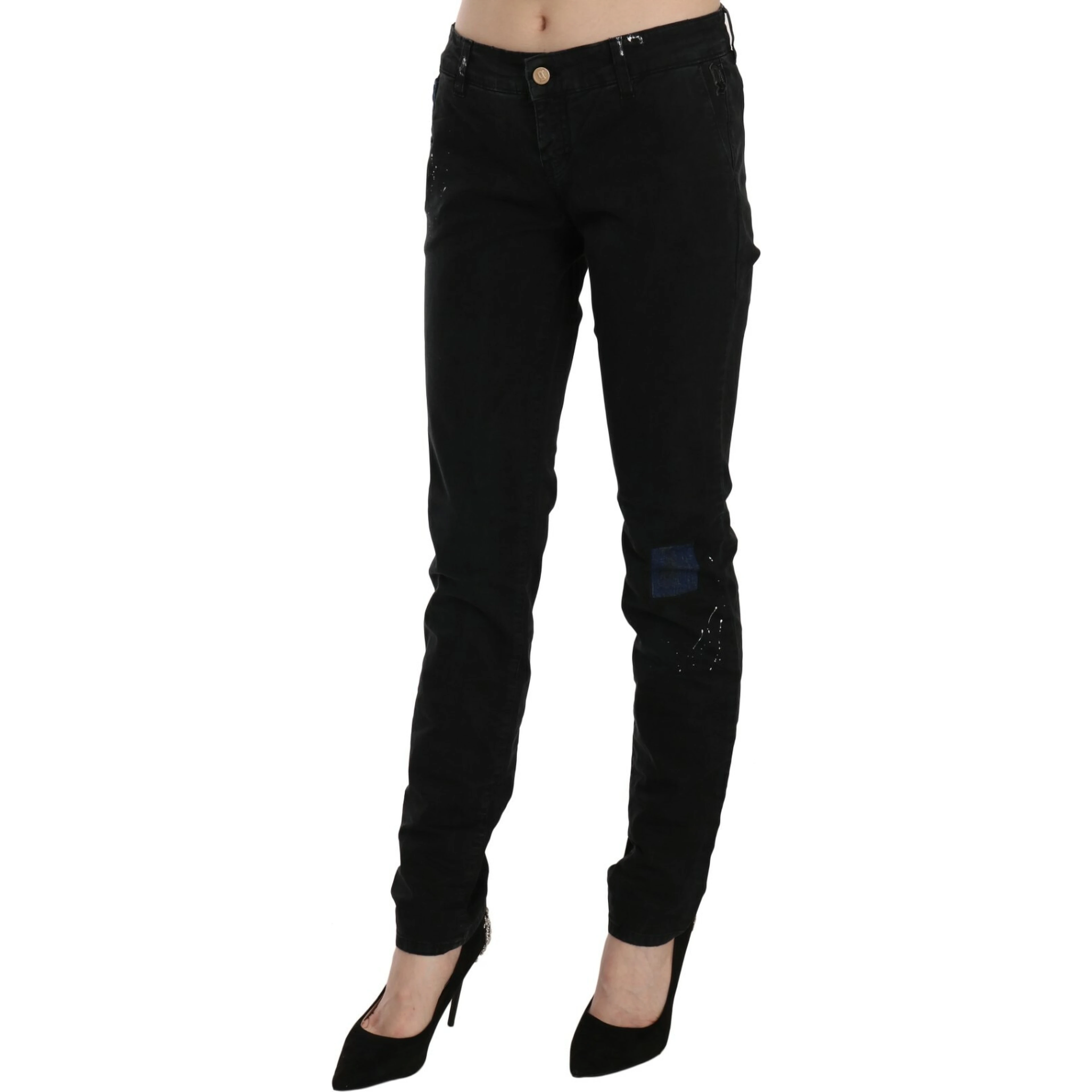 Black Low Waist White Paint Skinny Denim Pants Jeans