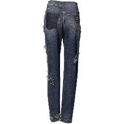Blue Cotton Rhinestone Embellish Denim Jeans