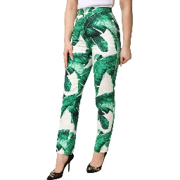 White Green Leaf High Waist Trousers Pants