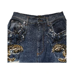 Blue Cotton Rhinestone Embellish Denim Jeans