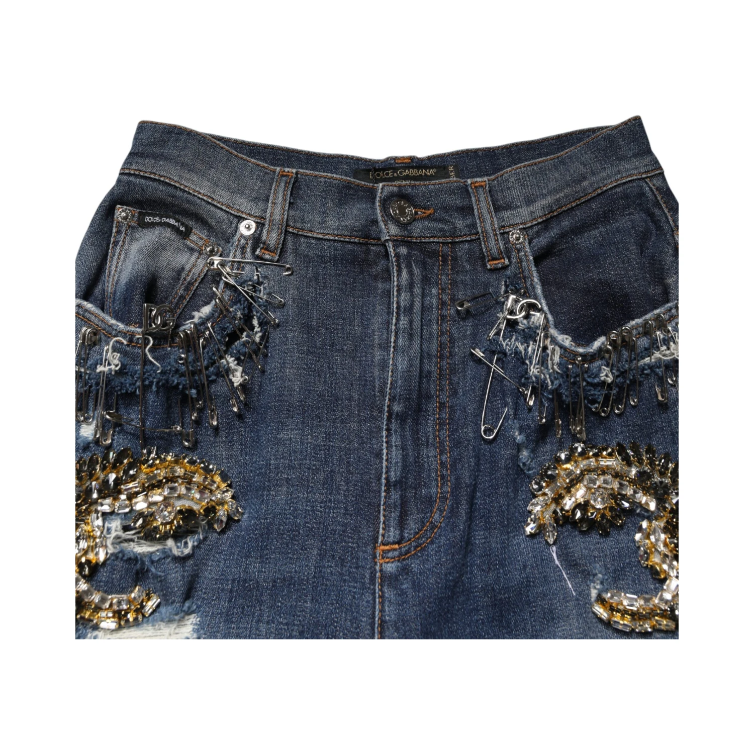 Blue Cotton Rhinestone Embellish Denim Jeans