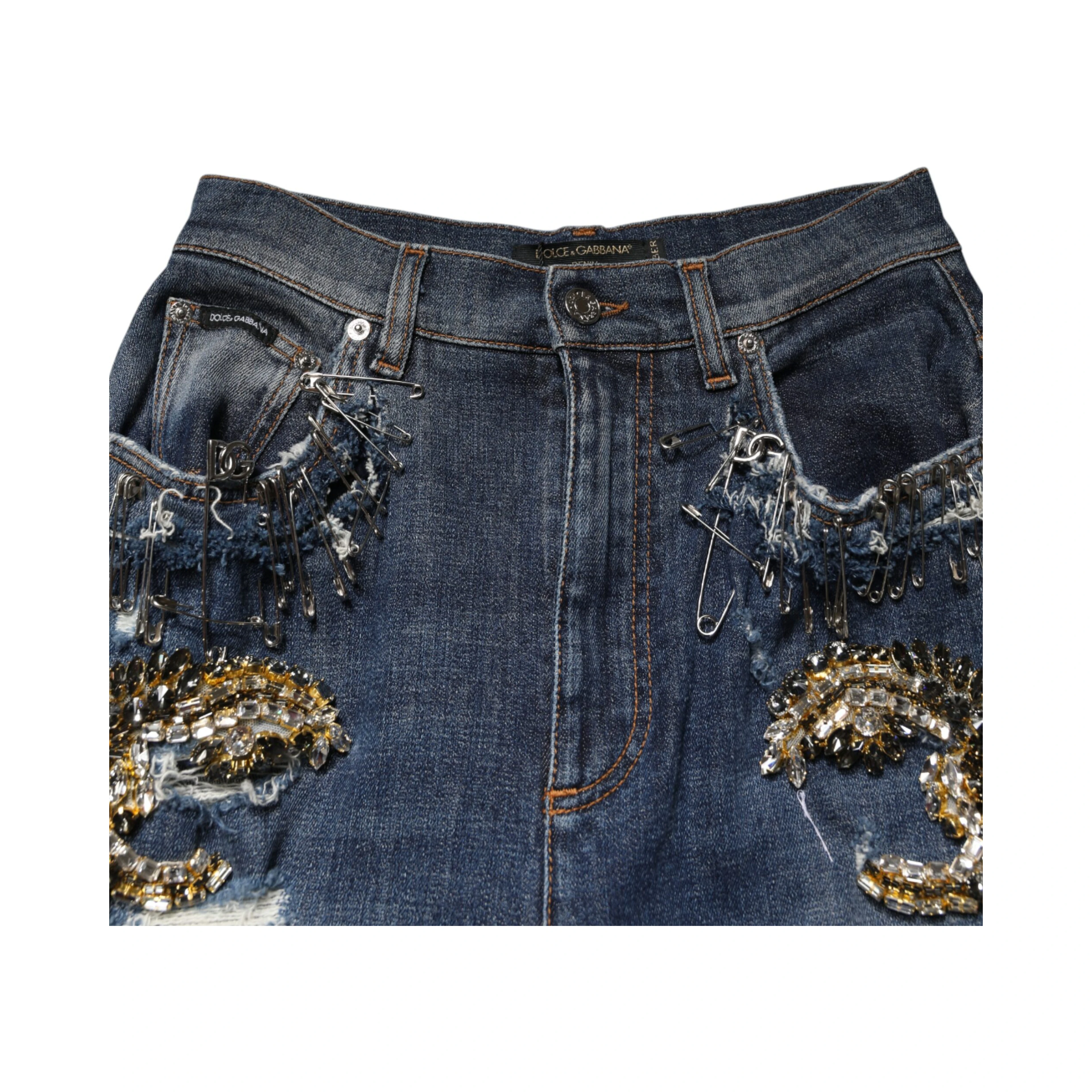 Blue Cotton Rhinestone Embellish Denim Jeans