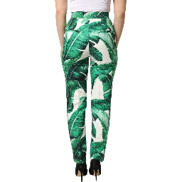 White Green Leaf High Waist Trousers Pants