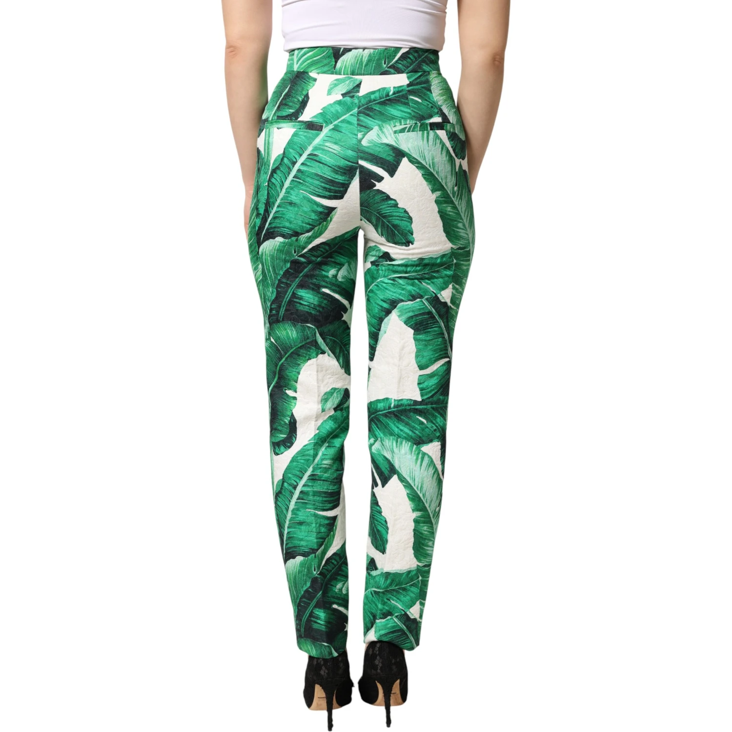 White Green Leaf High Waist Trousers Pants