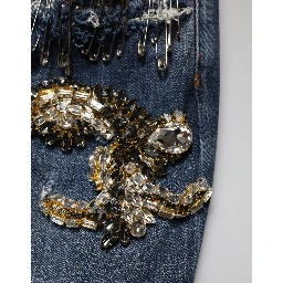 Blue Cotton Rhinestone Embellish Denim Jeans