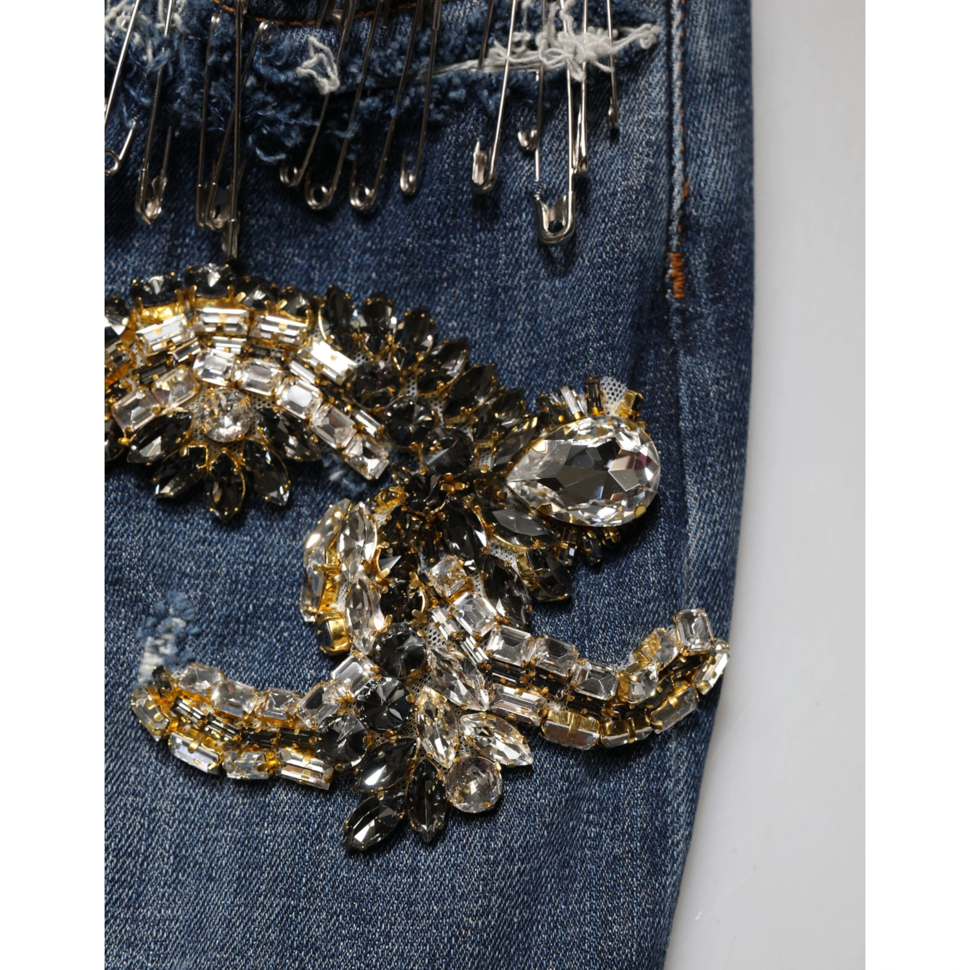 Blue Cotton Rhinestone Embellish Denim Jeans