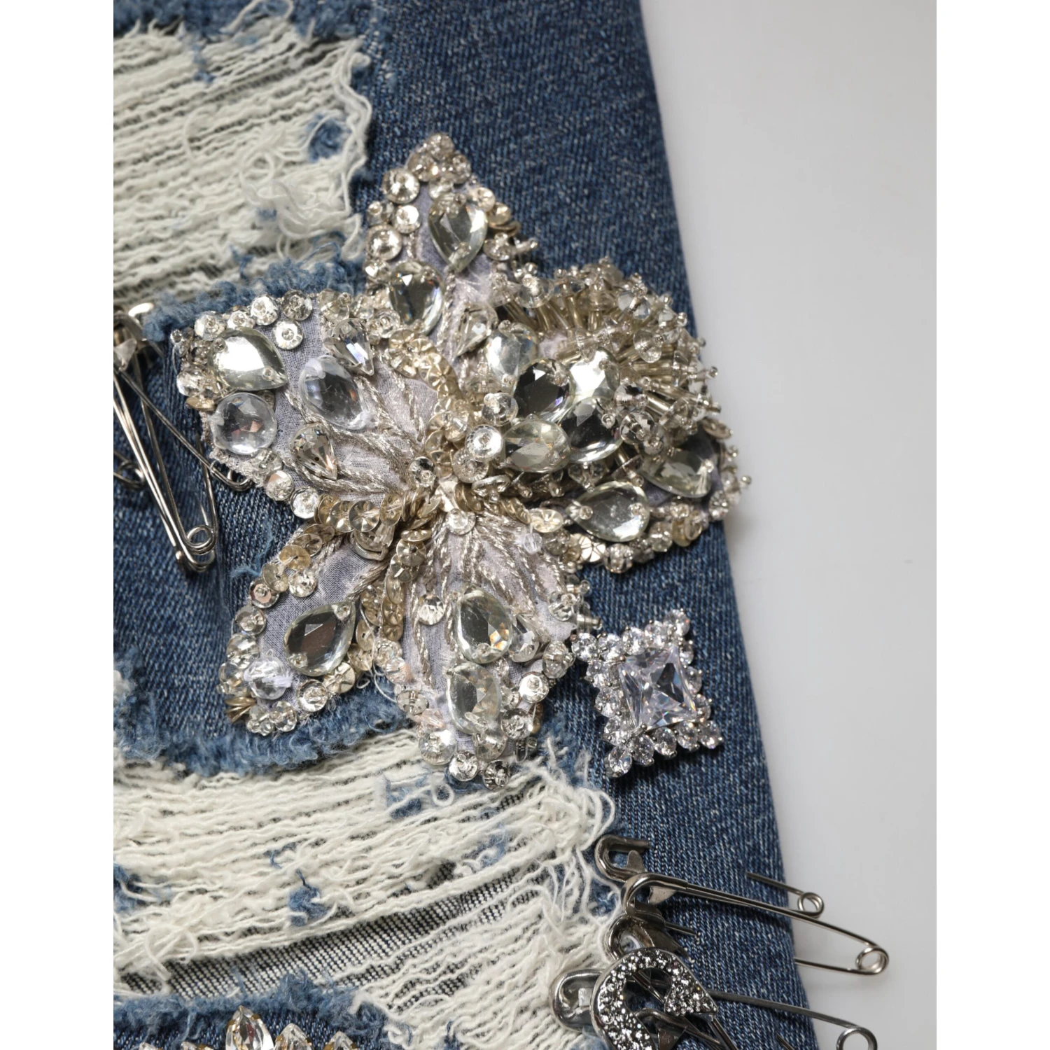 Blue Cotton Rhinestone Embellish Denim Jeans