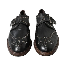 Black Leather Monk Strap Studded Dress Shoes