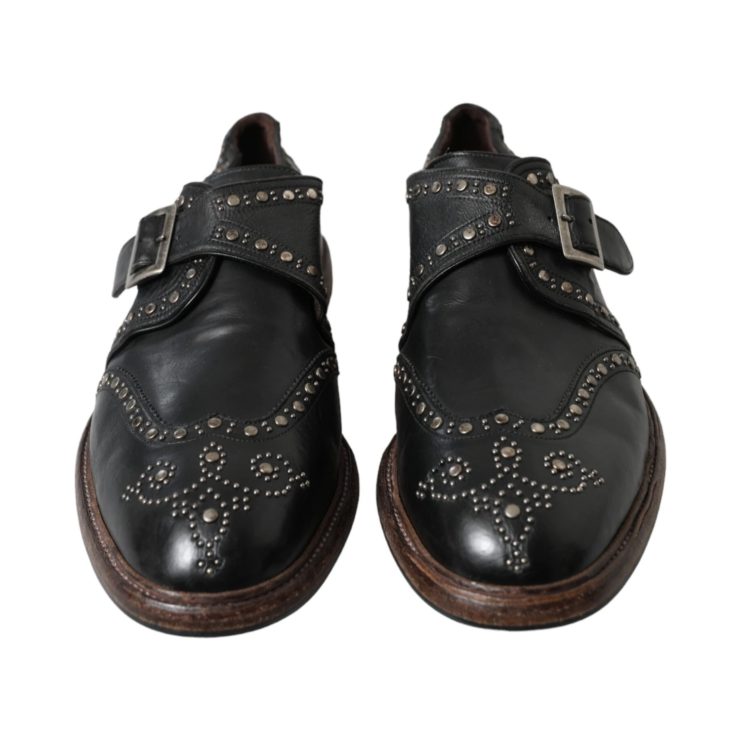 Black Leather Monk Strap Studded Dress Shoes