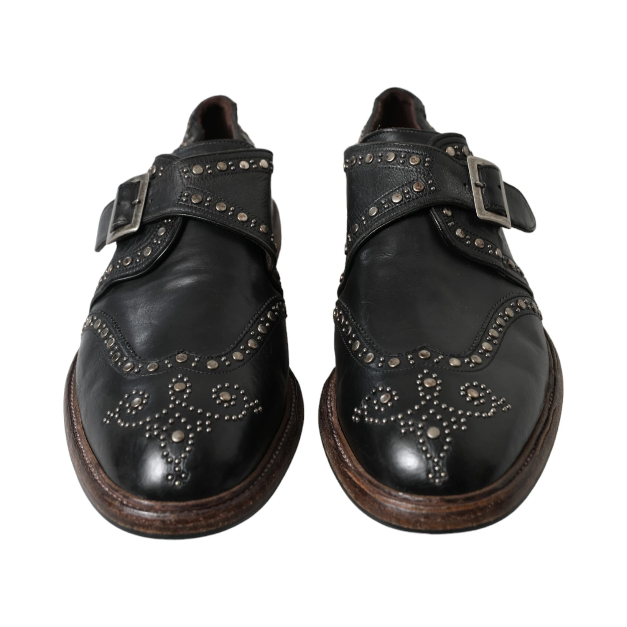 Black Leather Monk Strap Studded Dress Shoes