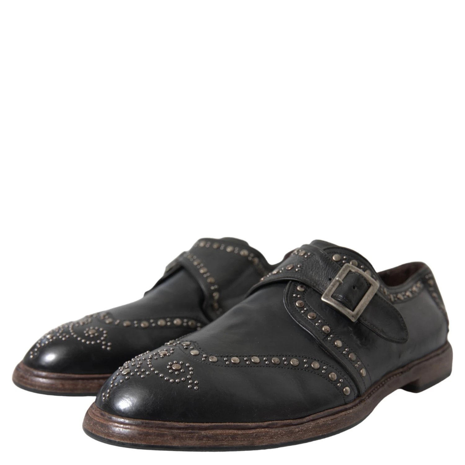 Black Leather Monk Strap Studded Dress Shoes