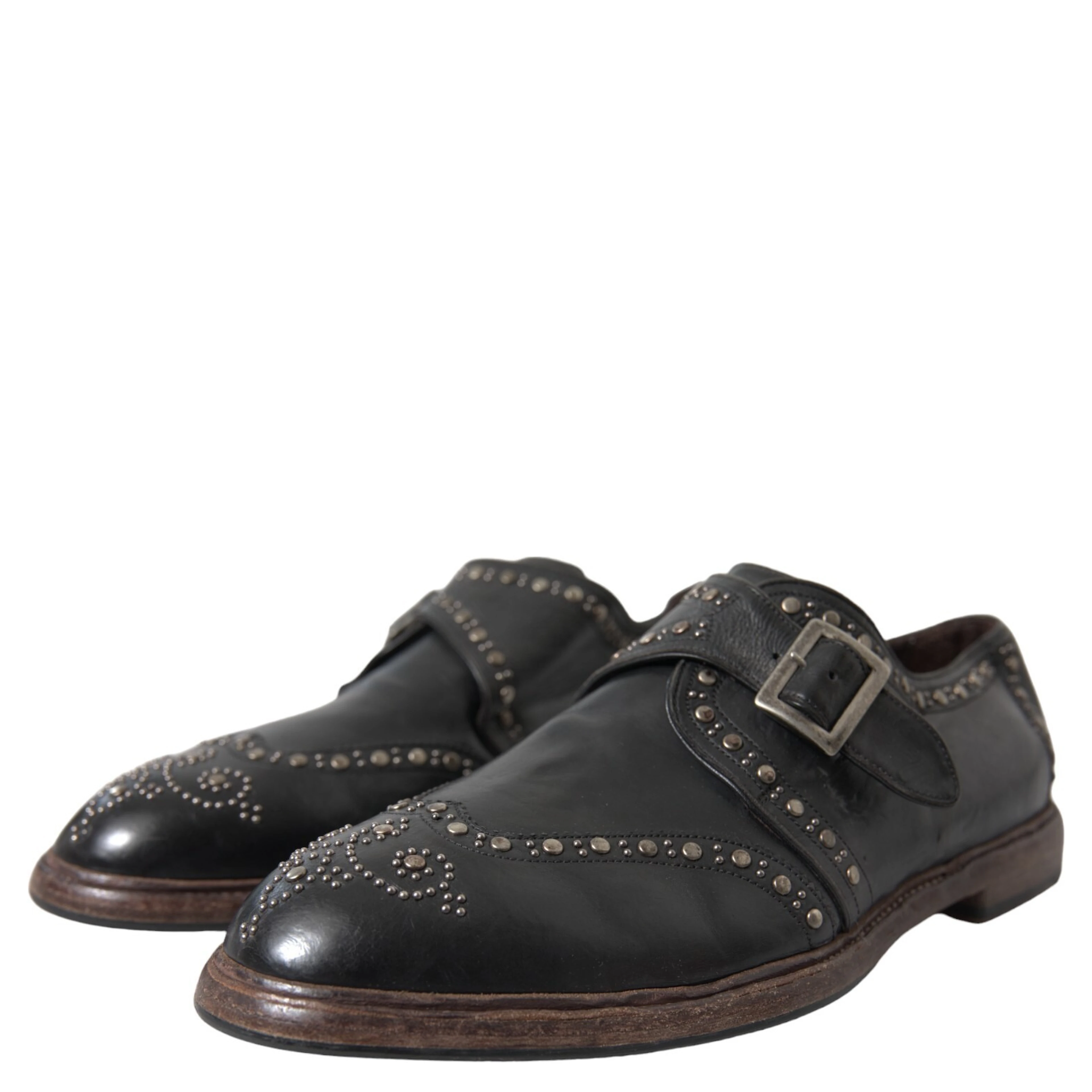 Black Leather Monk Strap Studded Dress Shoes