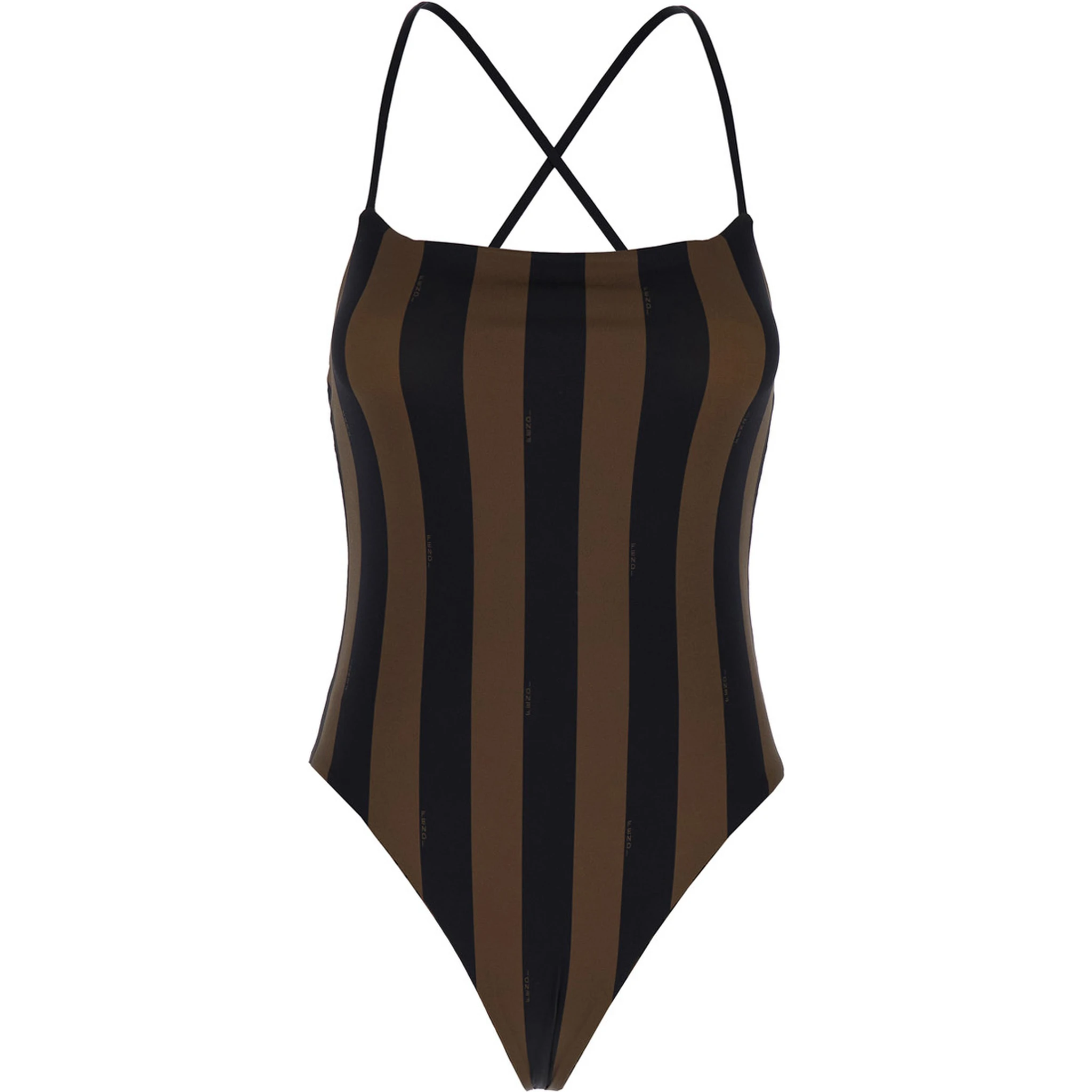 Brown One-Piece Swimsuit with FF and Stripe Motif in Stretch Fabric Woman