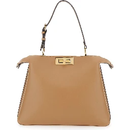 Peekaboo Soft Beige Medium Handbag with One Adjustable and Removable Top Handle and Turn-Lock Closure on Both Sides in Leather Woman