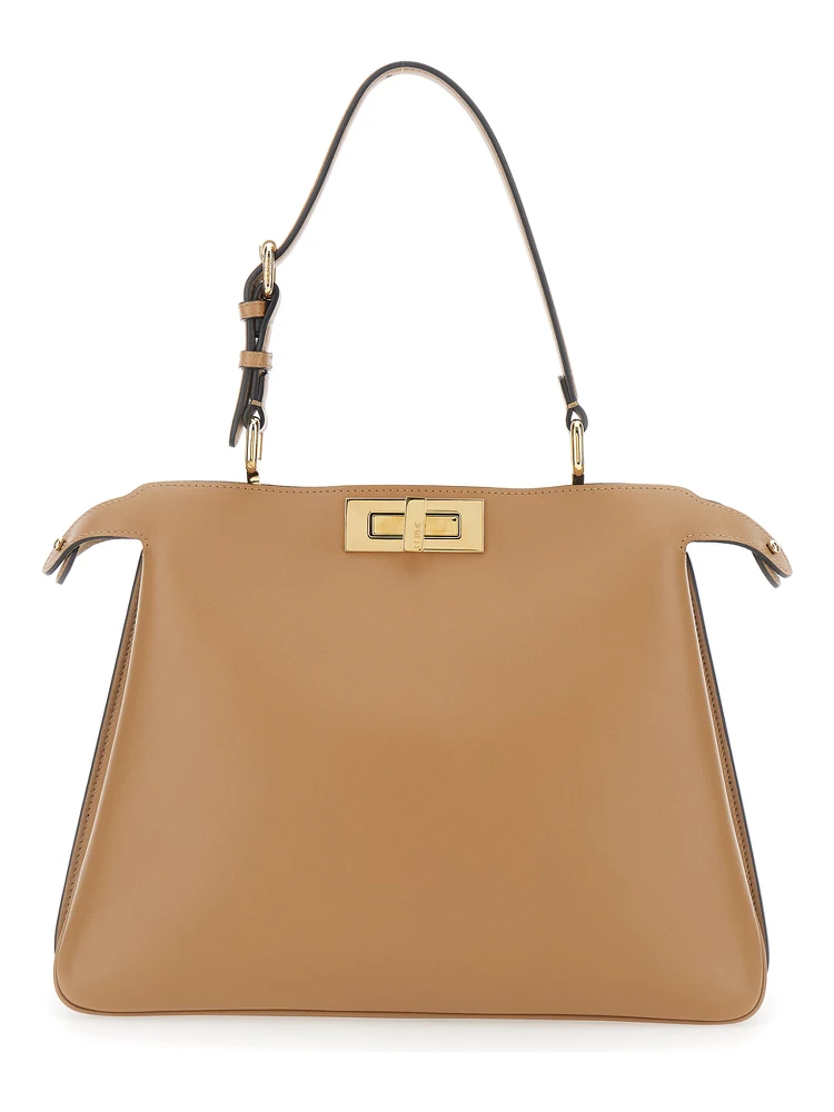 Peekaboo Soft Beige Medium Handbag with One Adjustable and Removable Top Handle and Turn-Lock Closure on Both Sides in Leather Woman