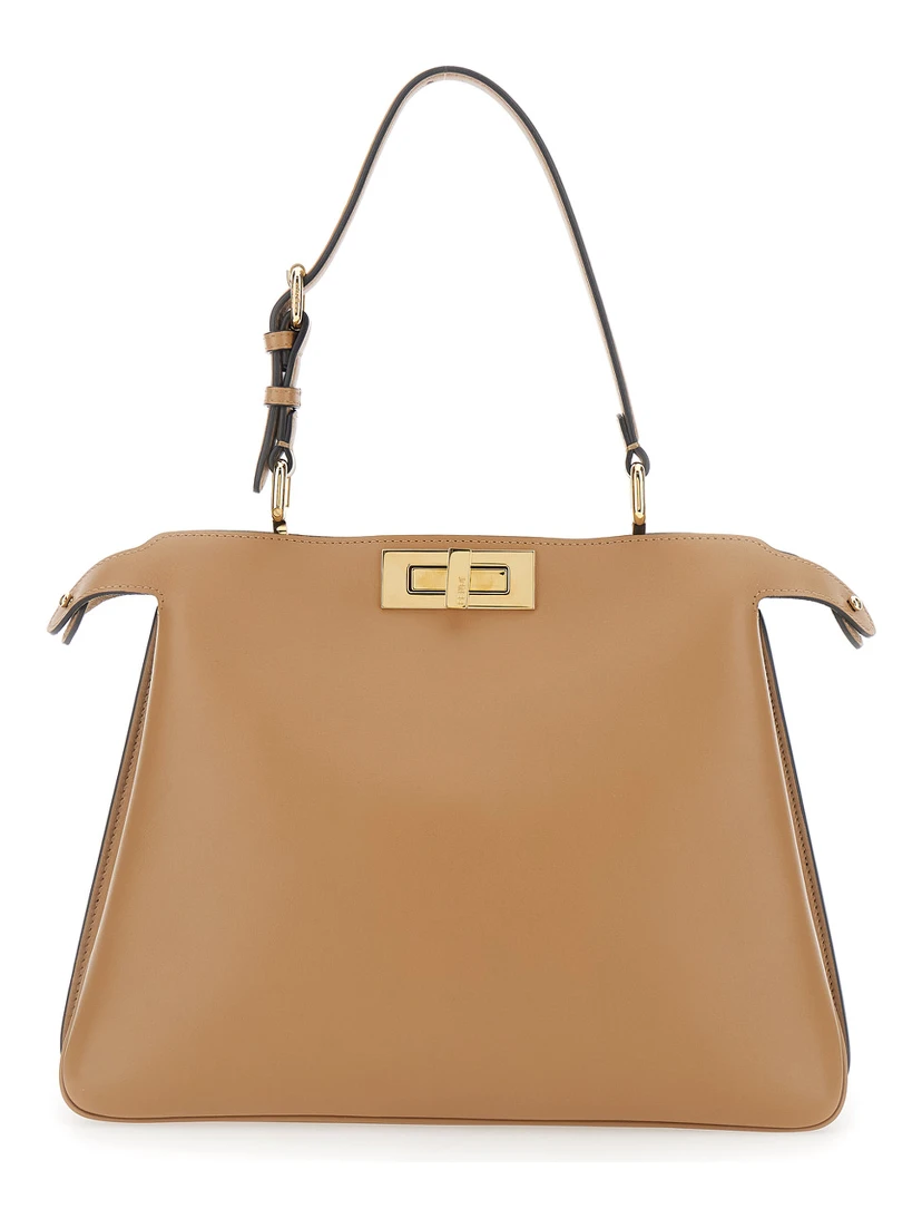 Peekaboo Soft Beige Medium Handbag with One Adjustable and Removable Top Handle and Turn-Lock Closure on Both Sides in Leather Woman