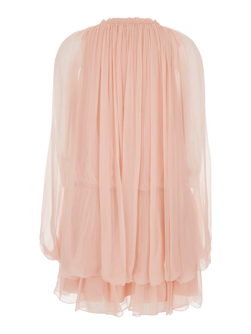 Pink Mini Dress with Drawstring on the Front and Cape Design in SIlk Woman