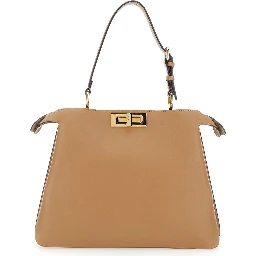 Peekaboo Soft Beige Medium Handbag with One Adjustable and Removable Top Handle and Turn-Lock Closure on Both Sides in Leather Woman