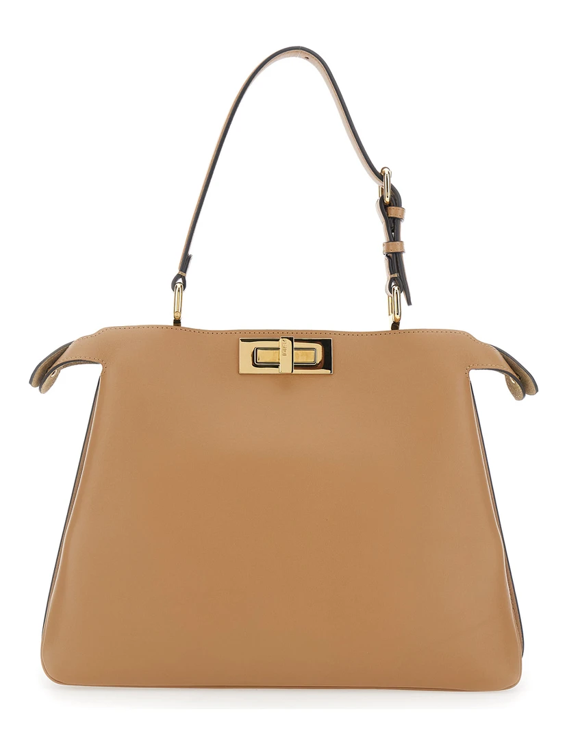 Peekaboo Soft Beige Medium Handbag with One Adjustable and Removable Top Handle and Turn-Lock Closure on Both Sides in Leather Woman