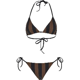 Brown Reversible Bikini with Adjustable Tie Closure and All-Over Stripe Motif in Tech Fabric Stretch Woman