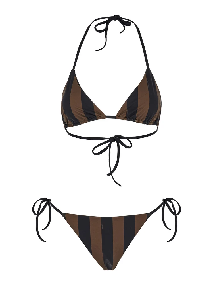 Brown Reversible Bikini with Adjustable Tie Closure and All-Over Stripe Motif in Tech Fabric Stretch Woman