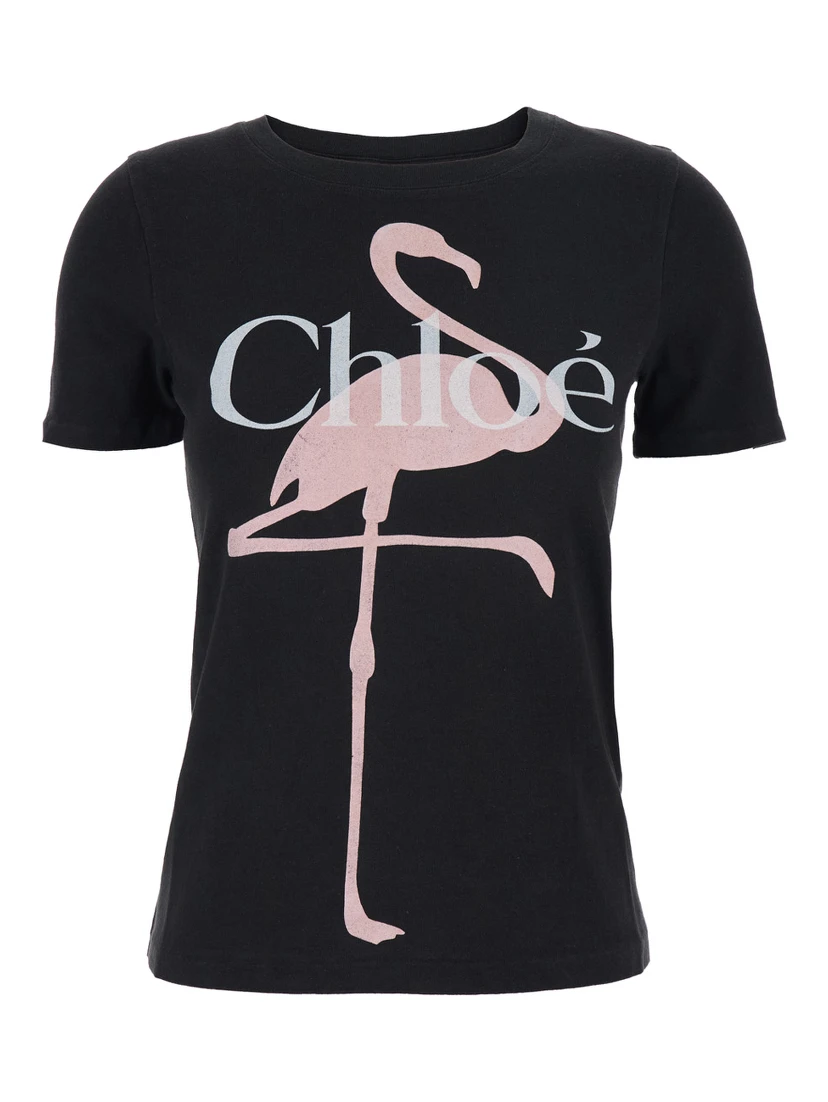 Black Crewneck T-Shirt with Maxi Logo Print on the Front in Cotton Woman