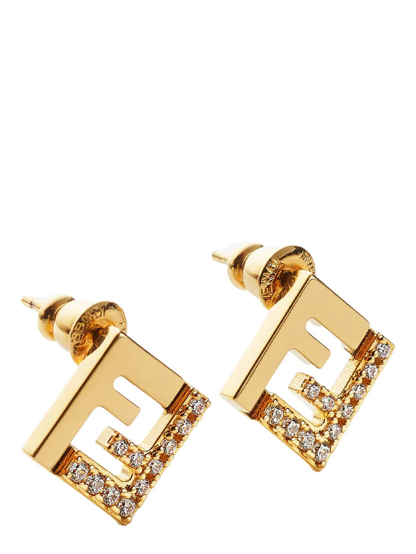 Gold Colored Earings with FF Silhouette and Crystal Embellishments in Brass Woman