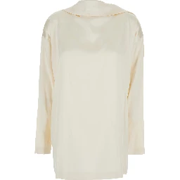 White Blouse with High Neck and Tie Detail in Silk Stretch Woman