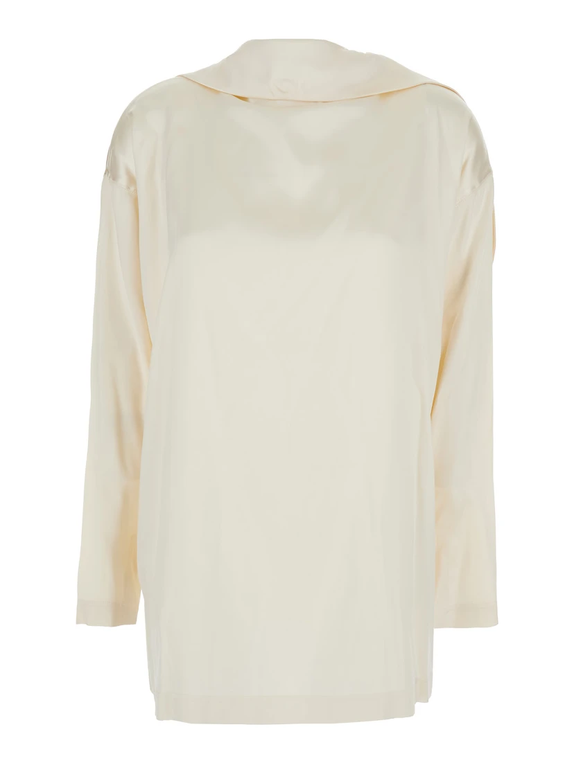 White Blouse with High Neck and Tie Detail in Silk Stretch Woman