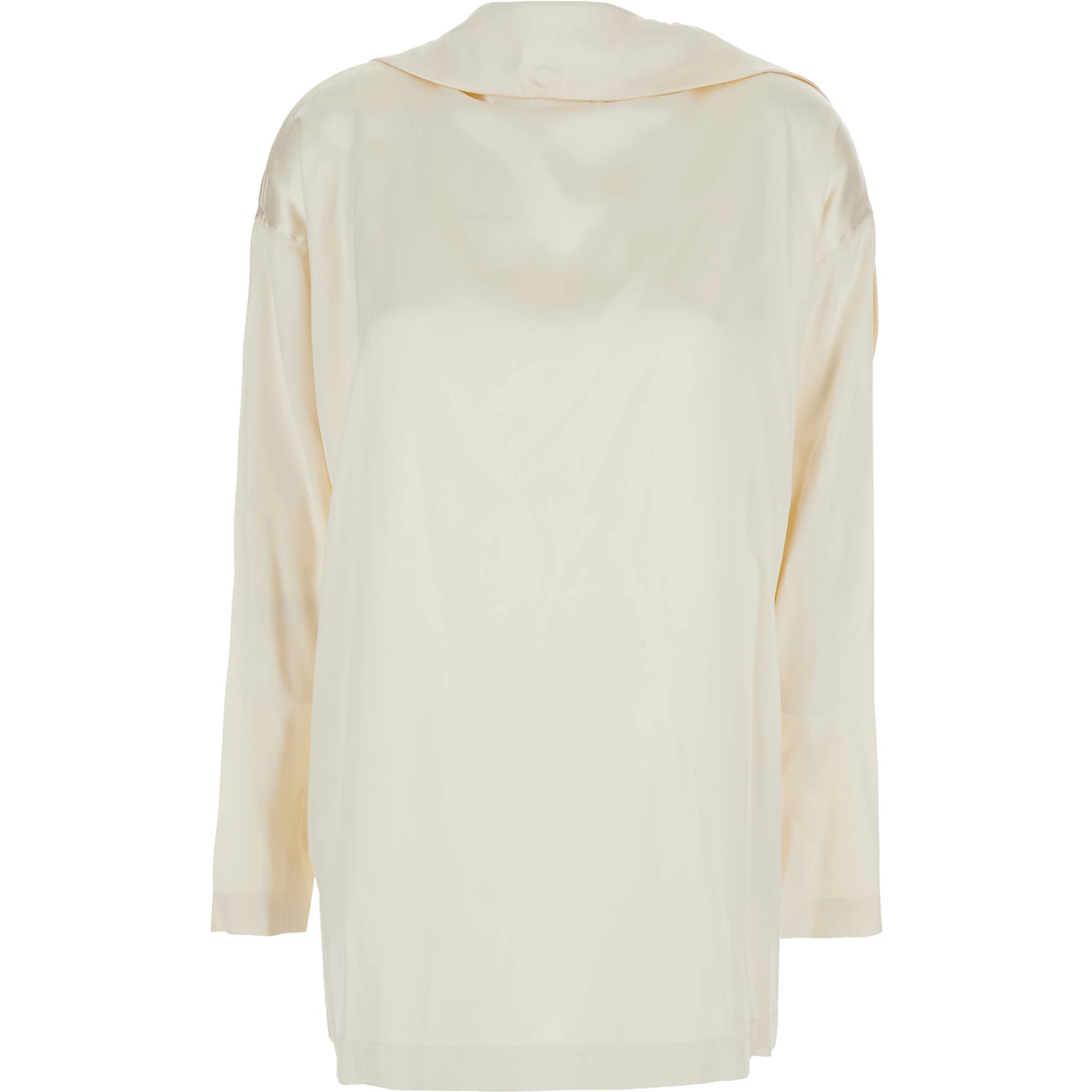 White Blouse with High Neck and Tie Detail in Silk Stretch Woman