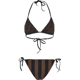 Brown Reversible Bikini with Adjustable Tie Closure and All-Over Stripe Motif in Tech Fabric Stretch Woman