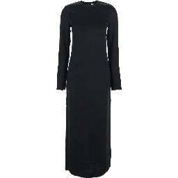 Black Crewneck Long Dress with Rear Single Slit in Viscose Woman
