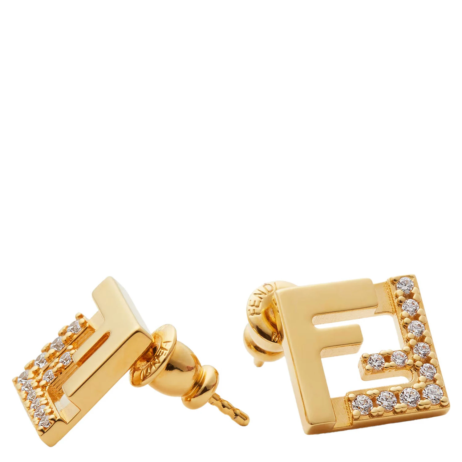 Gold Colored Earings with FF Silhouette and Crystal Embellishments in Brass Woman