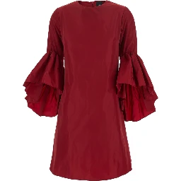 Red Crewneck Dress with Draped Flared Sleeves in Silk Blend Woman