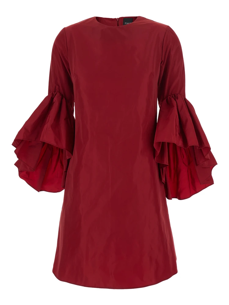Red Crewneck Dress with Draped Flared Sleeves in Silk Blend Woman