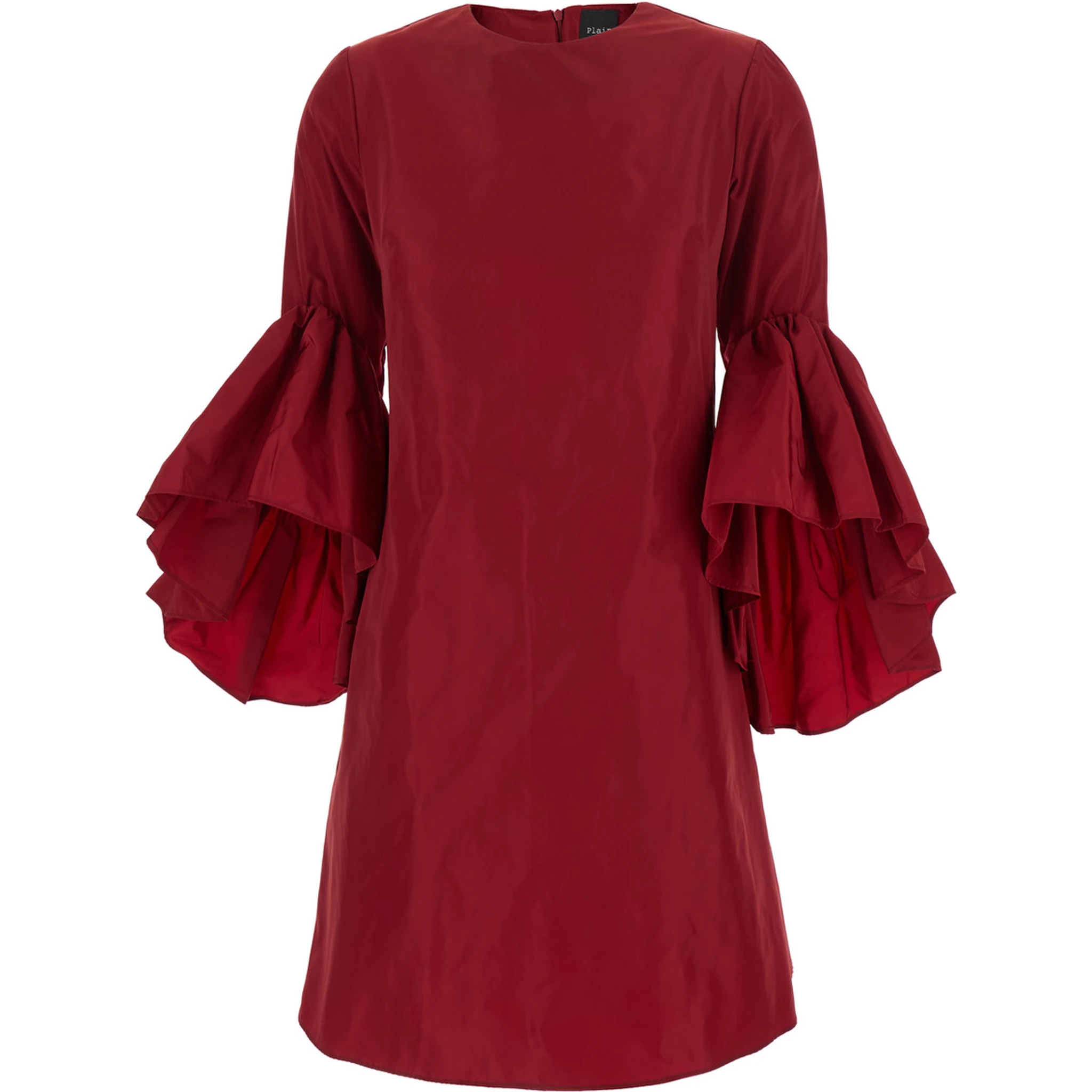 Red Crewneck Dress with Draped Flared Sleeves in Silk Blend Woman