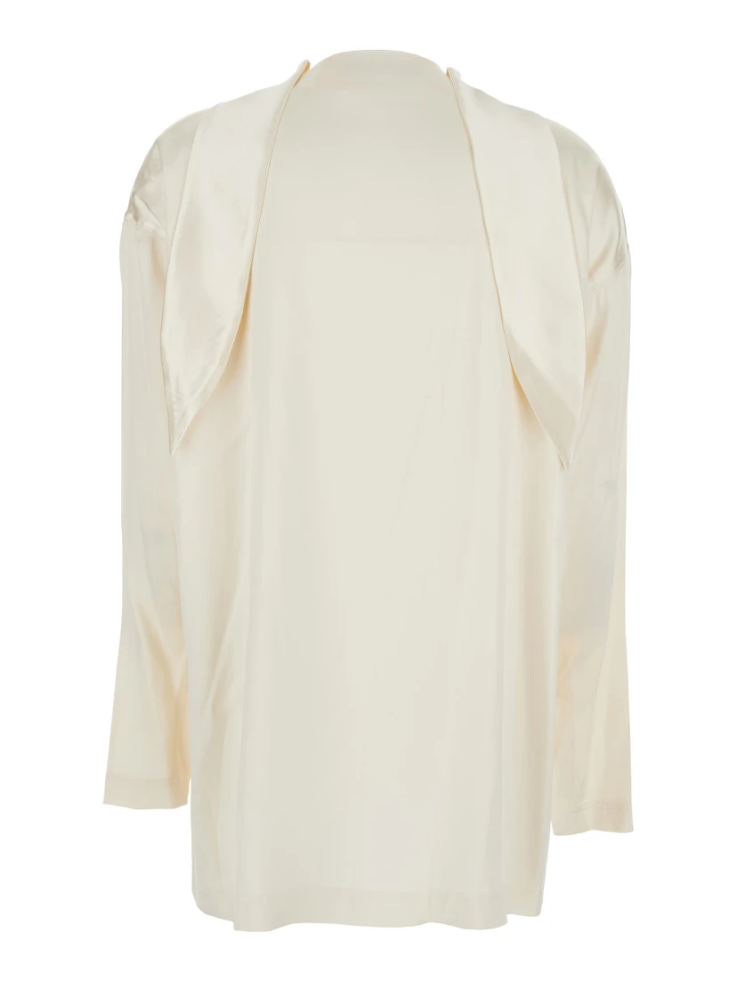 White Blouse with High Neck and Tie Detail in Silk Stretch Woman