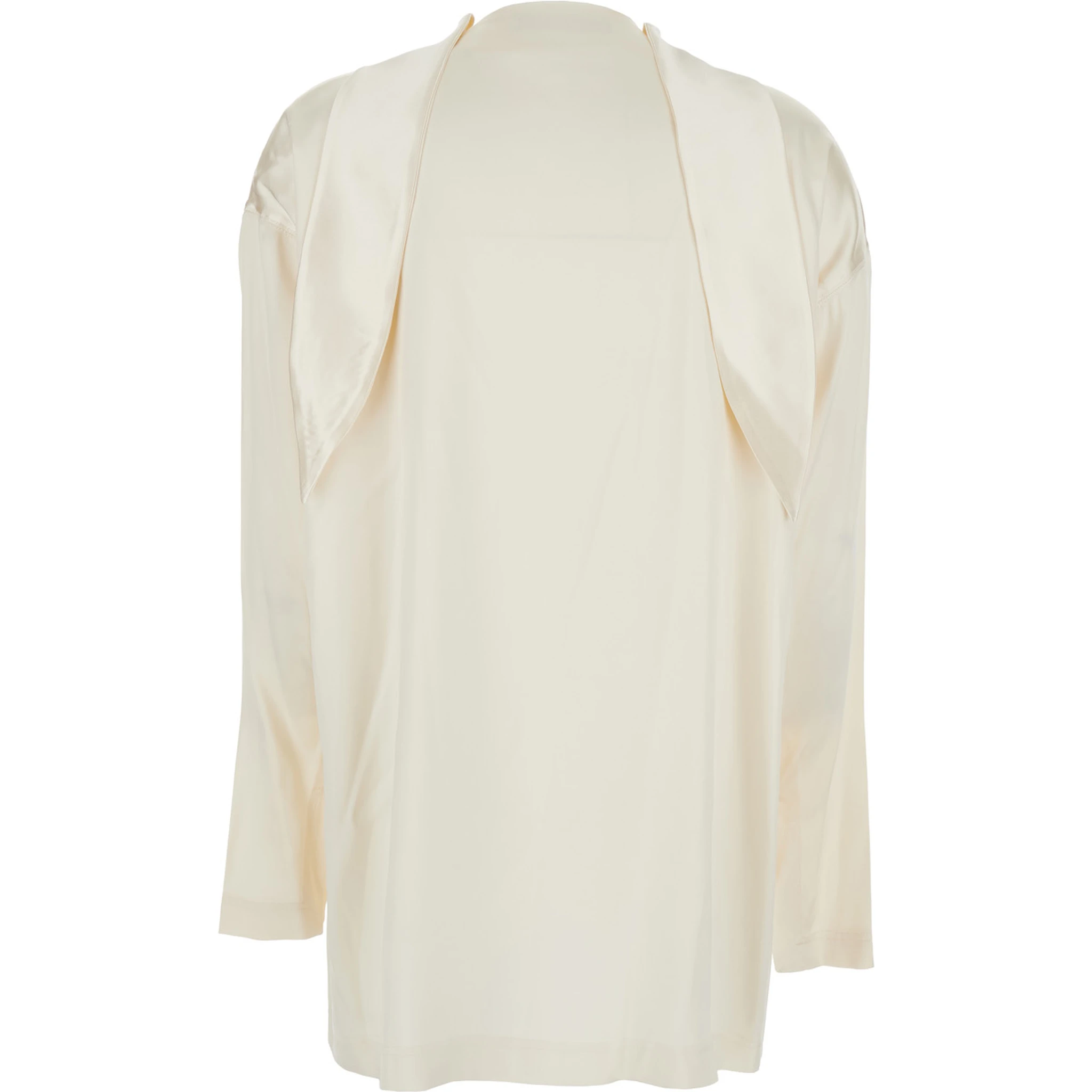 White Blouse with High Neck and Tie Detail in Silk Stretch Woman