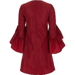Red Crewneck Dress with Draped Flared Sleeves in Silk Blend Woman