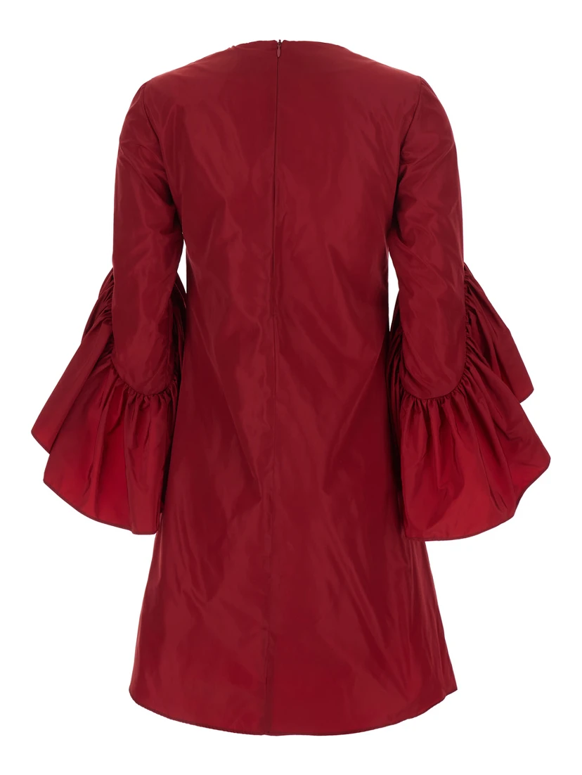 Red Crewneck Dress with Draped Flared Sleeves in Silk Blend Woman