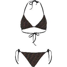 Brown Reversible Bikini with Adjustable Tie Closure and All-Over Stripe Motif in Tech Fabric Stretch Woman