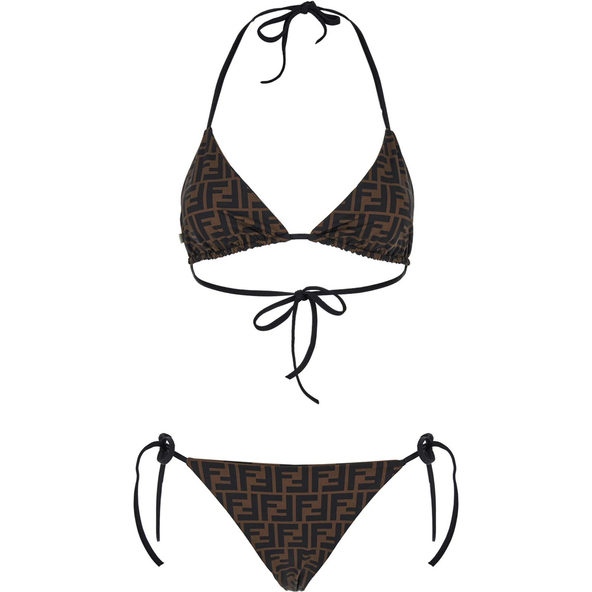 Brown Reversible Bikini with Adjustable Tie Closure and All-Over Stripe Motif in Tech Fabric Stretch Woman
