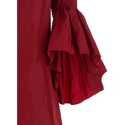 Red Crewneck Dress with Draped Flared Sleeves in Silk Blend Woman