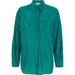 Blue Shirt with Classic Collar and Logo Lettering on the Front in Silk Woman