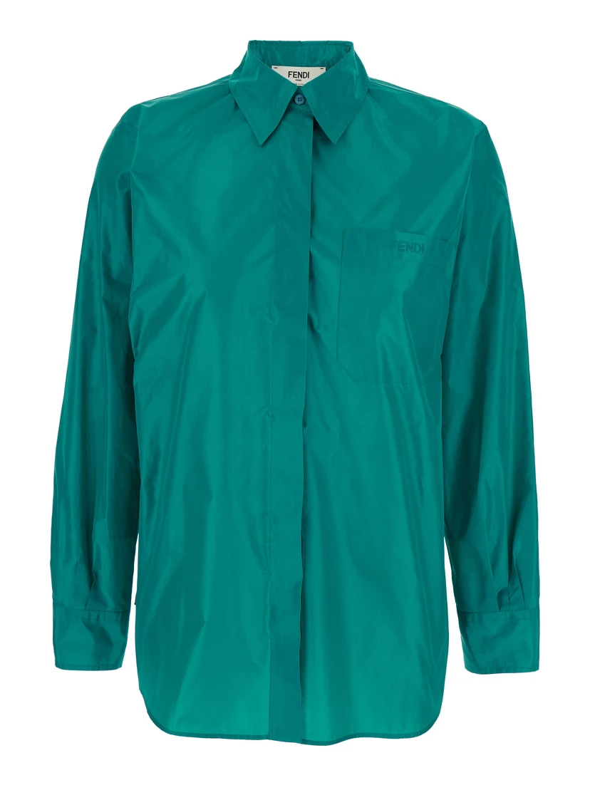 Blue Shirt with Classic Collar and Logo Lettering on the Front in Silk Woman