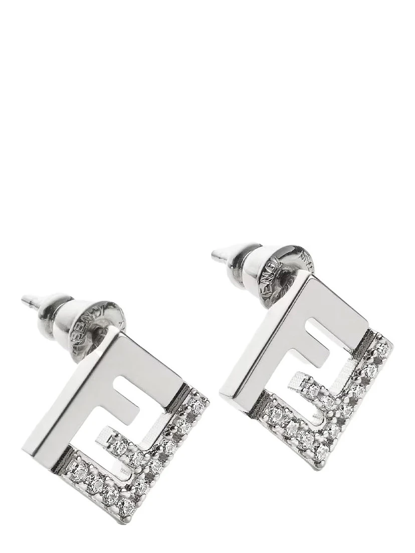 Silver Colored Earings with FF Silhouette and Crystal Embellishments in Brass Woman