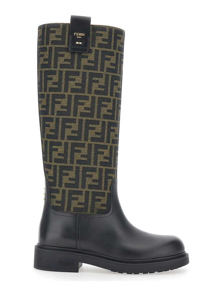 Black Boots with All-Over FF Motif and Side Lettering Logo in Leather and Fabric Woman