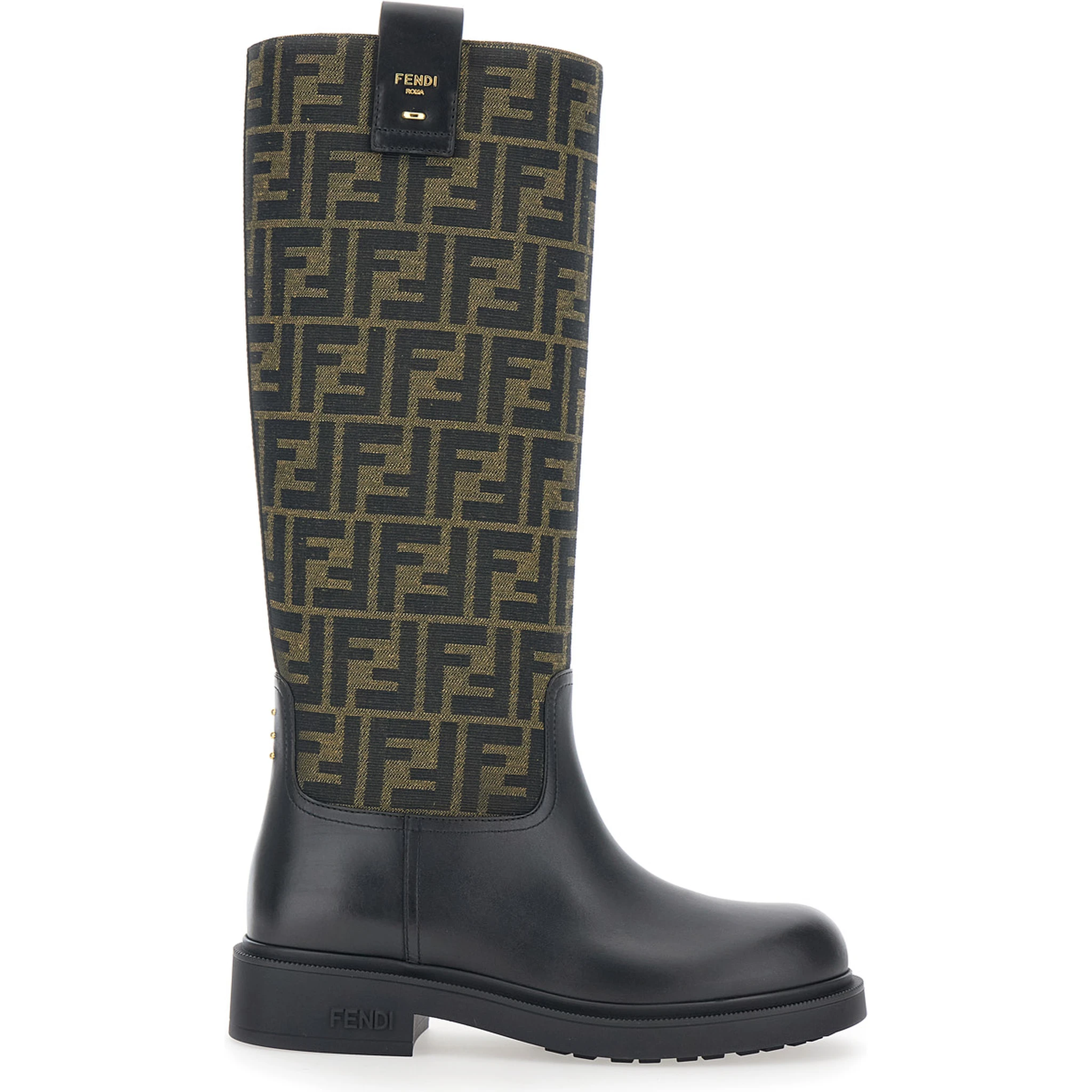 Black Boots with All-Over FF Motif and Side Lettering Logo in Leather and Fabric Woman