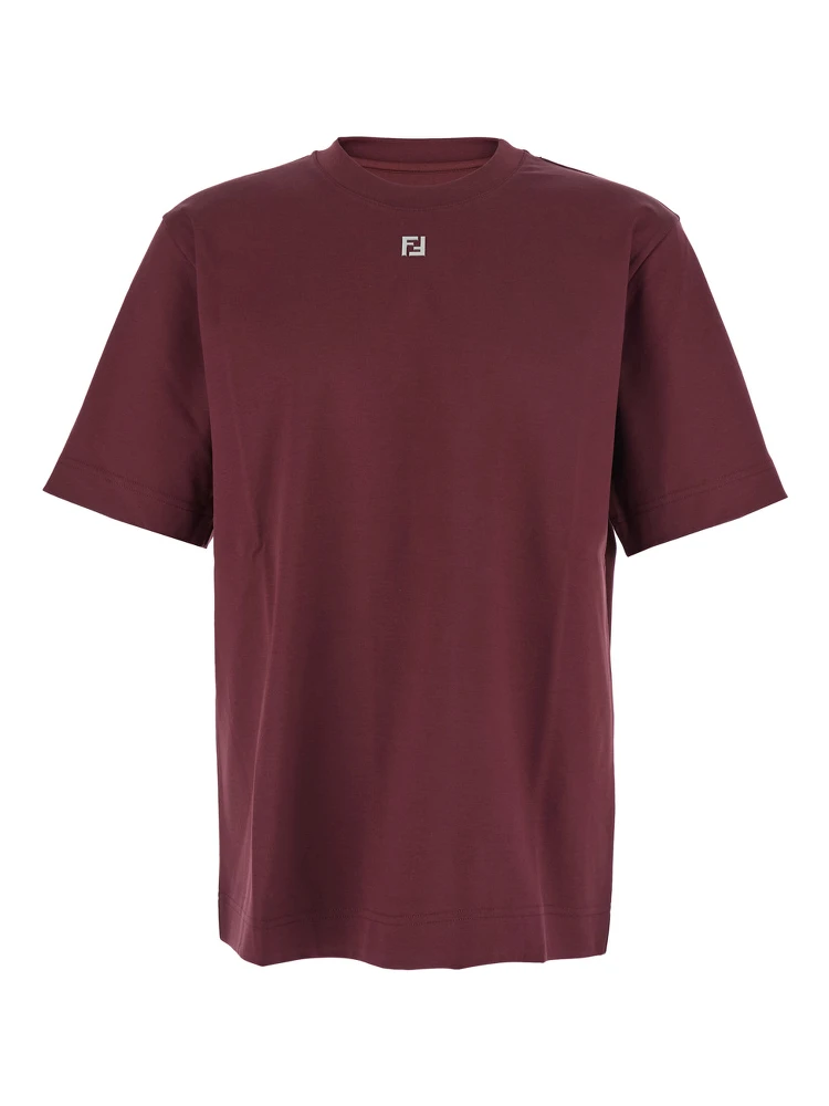 Bordeaux Crewneck T-Shirt with FF Plaque on the Front in Cotton Man