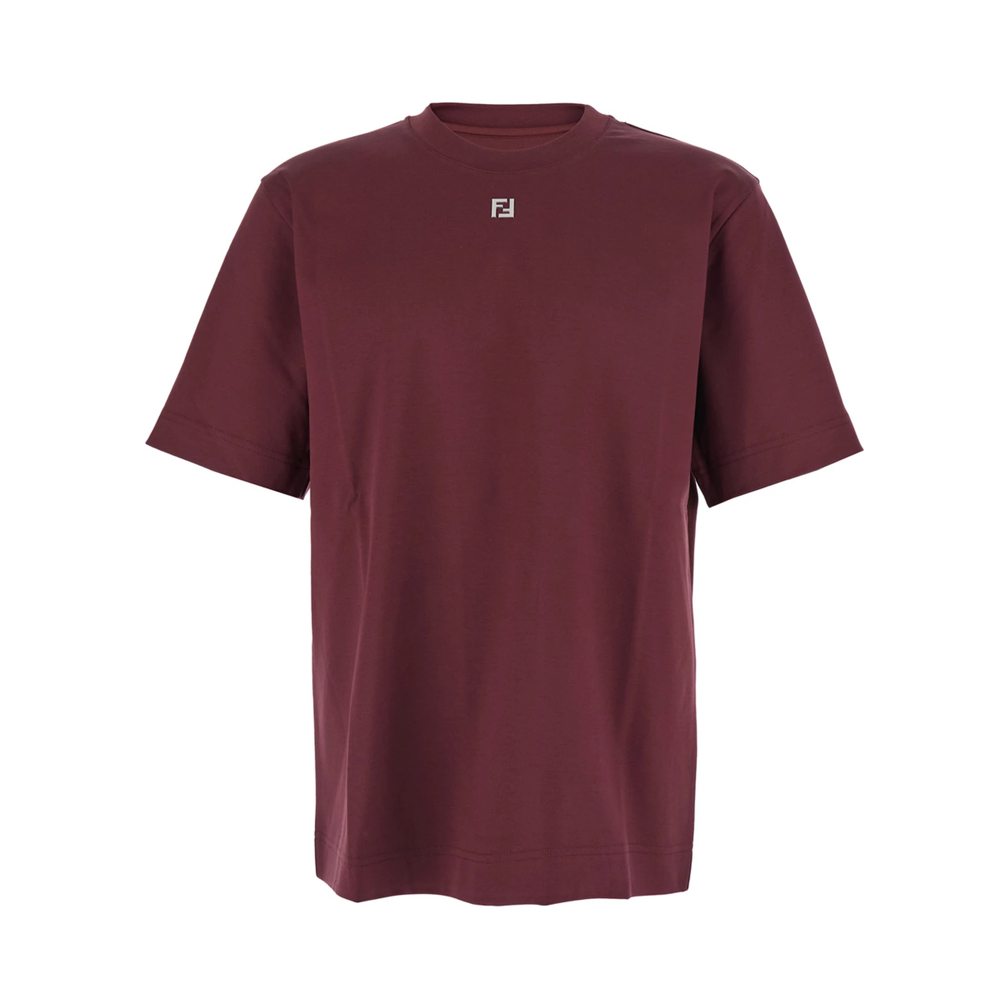 Bordeaux Crewneck T-Shirt with FF Plaque on the Front in Cotton Man
